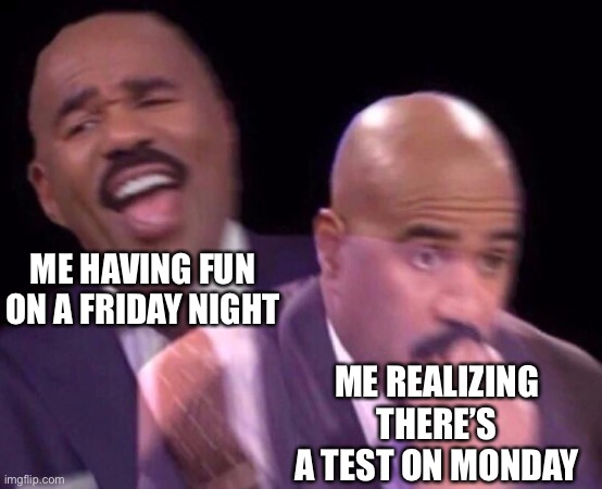 Steve Harvey Laughing Serious | ME HAVING FUN ON A FRIDAY NIGHT; ME REALIZING THERE’S A TEST ON MONDAY | image tagged in steve harvey laughing serious | made w/ Imgflip meme maker