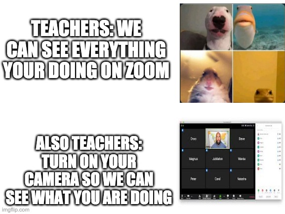Blank White Template | TEACHERS: WE CAN SEE EVERYTHING YOUR DOING ON ZOOM; ALSO TEACHERS: TURN ON YOUR CAMERA SO WE CAN SEE WHAT YOU ARE DOING | image tagged in blank white template | made w/ Imgflip meme maker