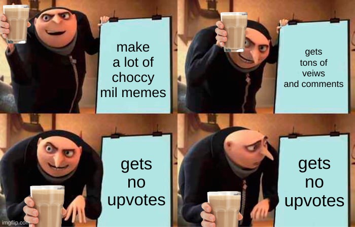 Choccy Milk Gru | make a lot of choccy mil memes; gets tons of veiws and comments; gets no upvotes; gets no upvotes | image tagged in memes,gru's plan | made w/ Imgflip meme maker