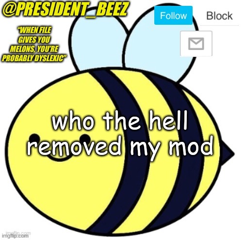 this is the 5th time | who the hell removed my mod | image tagged in president_beez announcement | made w/ Imgflip meme maker