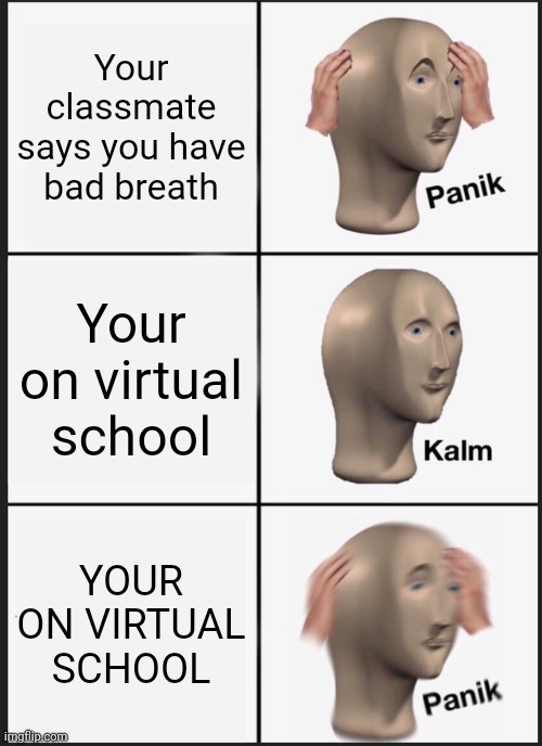 Wow | Your classmate says you have bad breath; Your on virtual school; YOUR ON VIRTUAL SCHOOL | image tagged in memes,panik kalm panik | made w/ Imgflip meme maker