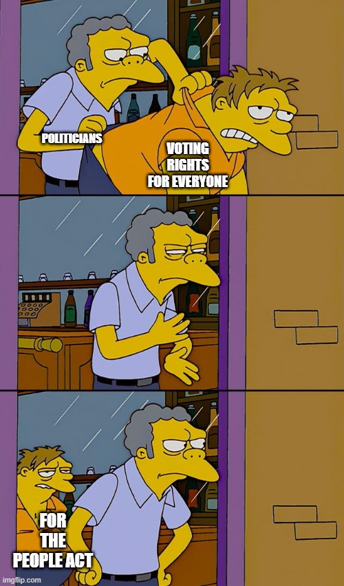 Moe throws Barney | POLITICIANS; VOTING RIGHTS FOR EVERYONE; FOR THE PEOPLE ACT | image tagged in moe throws barney | made w/ Imgflip meme maker