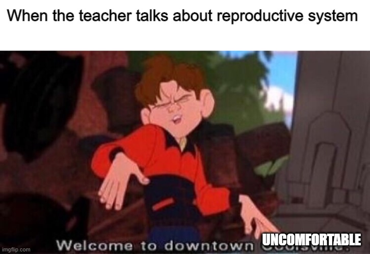 Welcome to Downtown Coolsville |  When the teacher talks about reproductive system; UNCOMFORTABLE | image tagged in welcome to downtown coolsville,funny memes,school,relatable | made w/ Imgflip meme maker