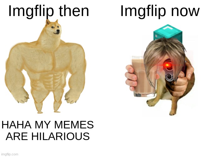 Buff Doge vs. Cheems | Imgflip then; Imgflip now; HAHA MY MEMES ARE HILARIOUS | image tagged in memes,buff doge vs cheems,choccy milk | made w/ Imgflip meme maker