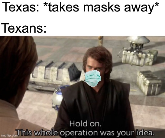 Texas is weird | Texas: *takes masks away*; Texans: | image tagged in hold on this whole operation was your idea | made w/ Imgflip meme maker