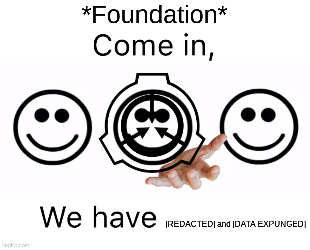 Come in, we have | *Foundation*; [REDACTED] and [DATA EXPUNGED] | image tagged in come in we have | made w/ Imgflip meme maker