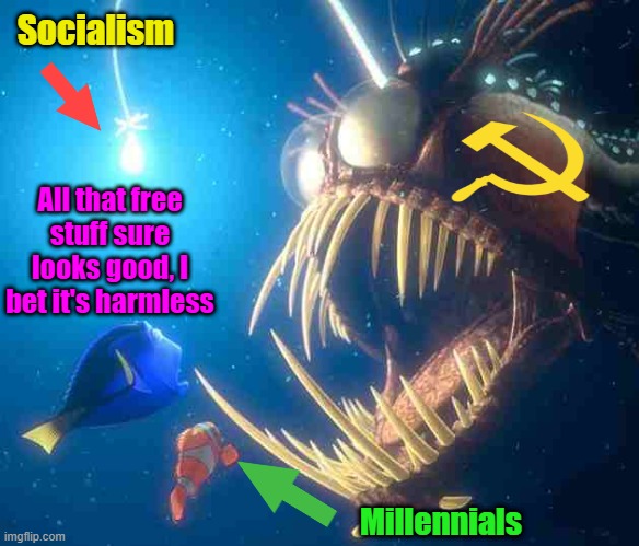 Fish led to slaughter | Socialism; All that free stuff sure looks good, I bet it's harmless; Millennials | image tagged in communism,socialism,maga,millennials | made w/ Imgflip meme maker