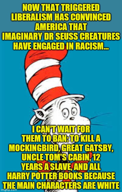 I a getting sick of the "white is evil" narrative. Liberalism is still a serious mental disorder. | NOW THAT TRIGGERED LIBERALISM HAS CONVINCED AMERICA THAT IMAGINARY DR SEUSS CREATURES HAVE ENGAGED IN RACISM... I CAN'T WAIT FOR THEM TO BAN: TO KILL A MOCKINGBIRD, GREAT GATSBY, UNCLE TOM'S CABIN, 12 YEARS A SLAVE, AND ALL HARRY POTTER BOOKS BECAUSE THE MAIN CHARACTERS ARE WHITE | image tagged in dr seuss,liberal logic,stupid liberals,ignorance,triggered liberal | made w/ Imgflip meme maker