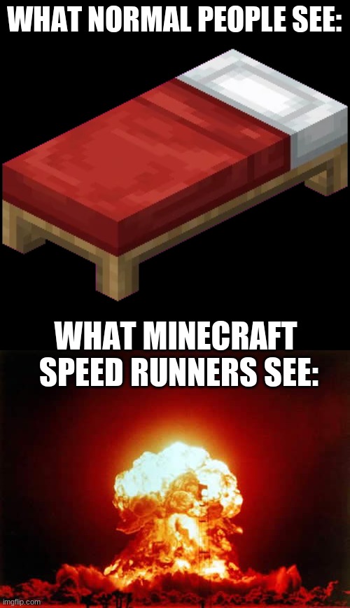 WHAT NORMAL PEOPLE SEE:; WHAT MINECRAFT  SPEED RUNNERS SEE: | image tagged in memes,nuclear explosion,minecraft | made w/ Imgflip meme maker