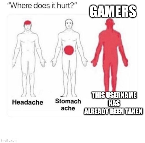 Where does it hurt | GAMERS; THIS USERNAME HAS ALREADY BEEN TAKEN | image tagged in where does it hurt | made w/ Imgflip meme maker