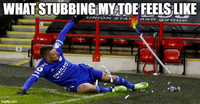 Vardy sliding in the corner flag | WHAT STUBBING MY TOE FEELS LIKE | image tagged in vardy sliding in the corner flag | made w/ Imgflip meme maker