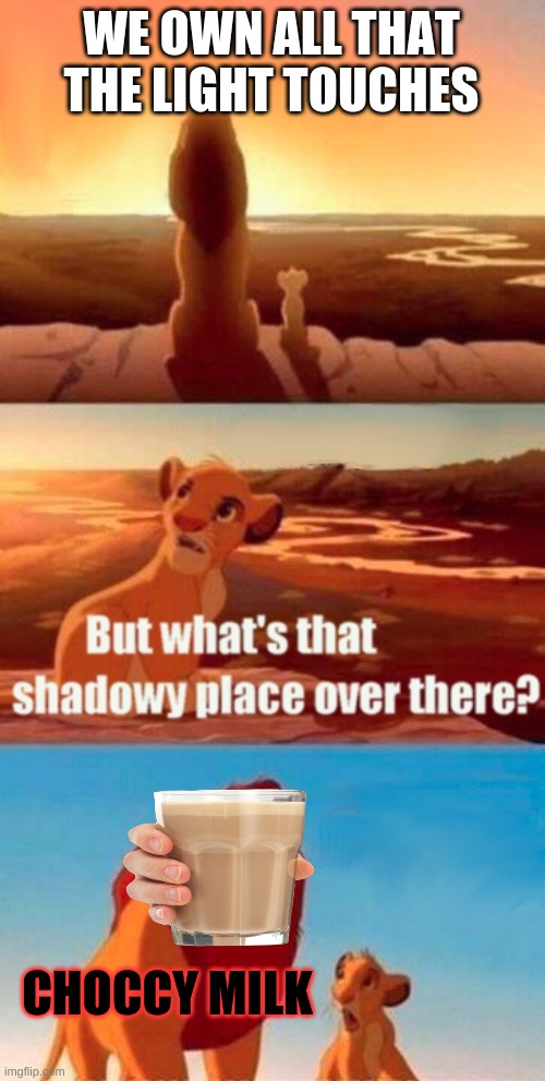 Simba Shadowy Place Meme | WE OWN ALL THAT THE LIGHT TOUCHES; CHOCCY MILK | image tagged in memes,simba shadowy place | made w/ Imgflip meme maker