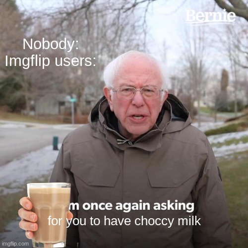 Bernie I Am Once Again Asking For Your Support | Nobody:
Imgflip users:; for you to have choccy milk | image tagged in memes,bernie i am once again asking for your support | made w/ Imgflip meme maker