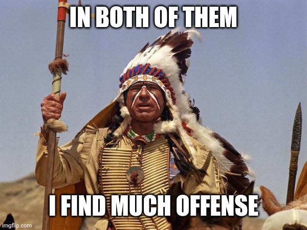 Indian Chief | IN BOTH OF THEM I FIND MUCH OFFENSE | image tagged in indian chief | made w/ Imgflip meme maker
