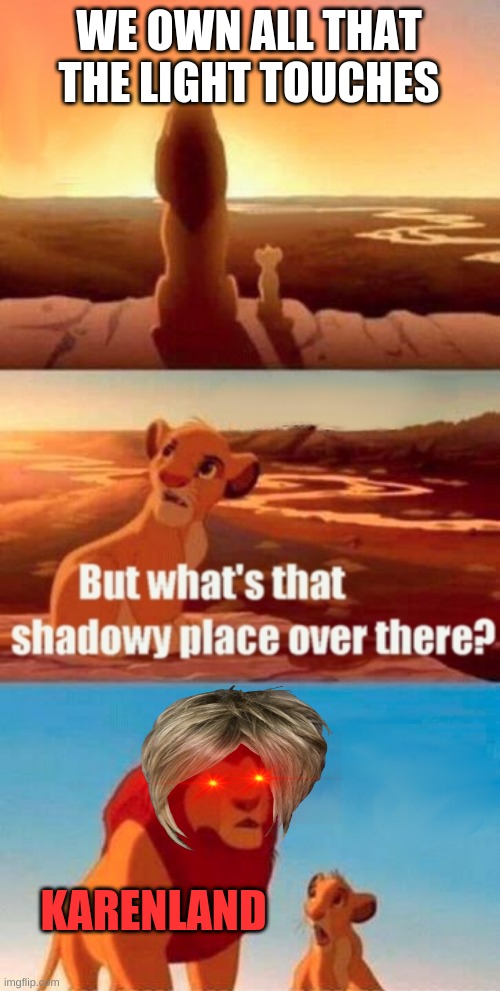 Simba Shadowy Place Meme | WE OWN ALL THAT THE LIGHT TOUCHES; KARENLAND | image tagged in memes,simba shadowy place | made w/ Imgflip meme maker