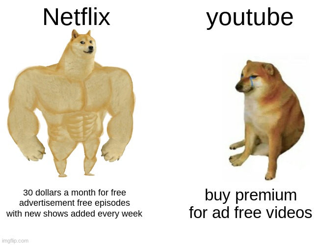 Buff Doge vs. Cheems Meme | Netflix; youtube; 30 dollars a month for free advertisement free episodes with new shows added every week; buy premium for ad free videos | image tagged in memes,buff doge vs cheems | made w/ Imgflip meme maker