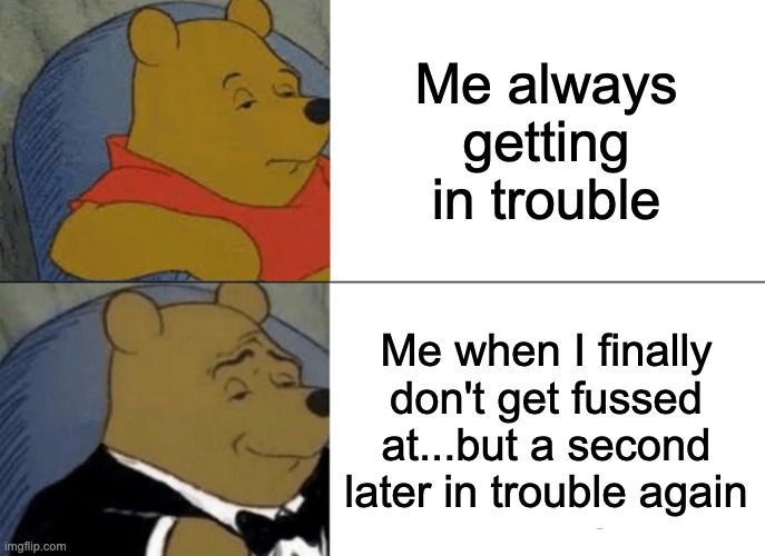It's life | Me always getting in trouble; Me when I finally don't get fussed at...but a second later in trouble again | image tagged in memes,tuxedo winnie the pooh | made w/ Imgflip meme maker