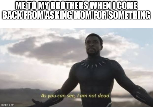 As you can see, I am not dead | ME TO MY BROTHERS WHEN I COME BACK FROM ASKING MOM FOR SOMETHING | image tagged in as you can see i am not dead | made w/ Imgflip meme maker
