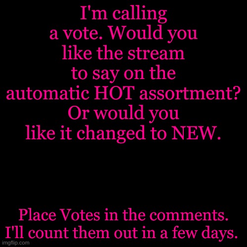 I was wondering cuz I always click new.. | I'm calling a vote. Would you like the stream to say on the automatic HOT assortment? Or would you like it changed to NEW. Place Votes in the comments. I'll count them out in a few days. | image tagged in memes,blank transparent square | made w/ Imgflip meme maker