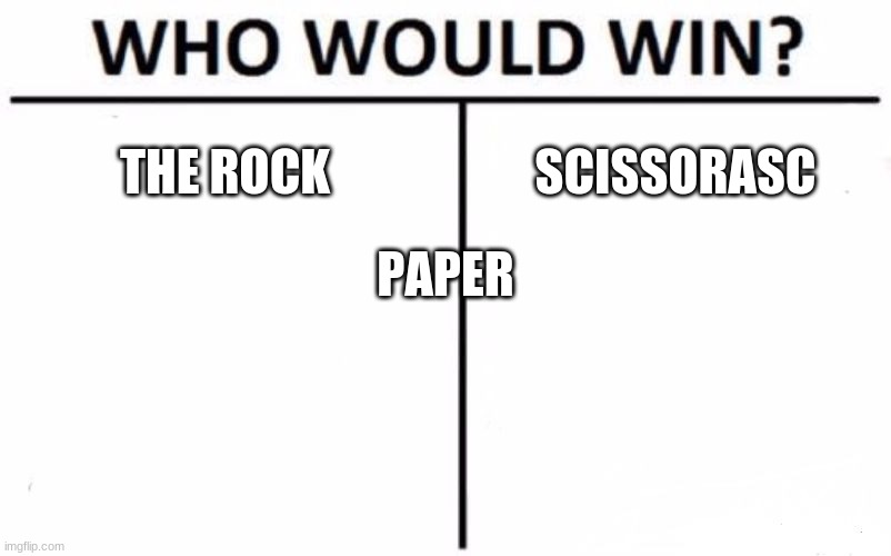 Who Would Win? | THE ROCK; SCISSORASC; PAPER | image tagged in memes,who would win | made w/ Imgflip meme maker