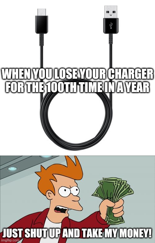 Charger companies be loaded $$$ | WHEN YOU LOSE YOUR CHARGER FOR THE 100TH TIME IN A YEAR; JUST SHUT UP AND TAKE MY MONEY! | image tagged in memes,charger,cell phone,shut up and take my money fry,lose,scam | made w/ Imgflip meme maker