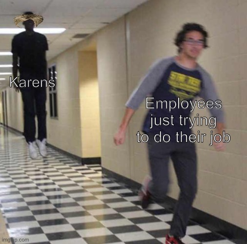 floating boy chasing running boy | Karens; Employees just trying to do their job | image tagged in floating boy chasing running boy | made w/ Imgflip meme maker