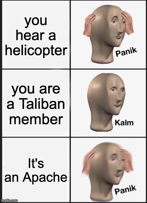 Apache | you hear a helicopter; you are a Taliban member; It's an Apache | image tagged in memes,panik kalm panik | made w/ Imgflip meme maker