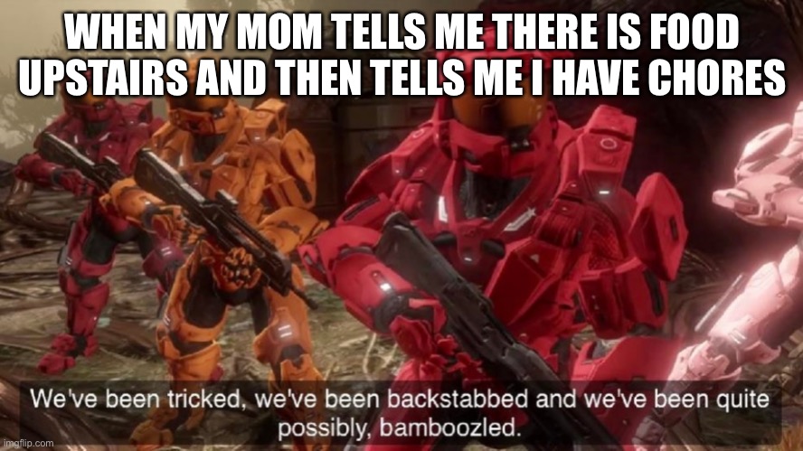 Halo | WHEN MY MOM TELLS ME THERE IS FOOD UPSTAIRS AND THEN TELLS ME I HAVE CHORES | image tagged in we have ben bamboozled halo | made w/ Imgflip meme maker