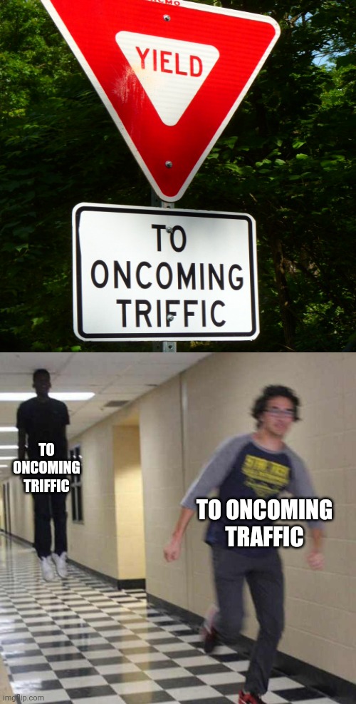 Ironic. | TO ONCOMING TRIFFIC; TO ONCOMING TRAFFIC | image tagged in floating boy chasing running boy,you had one job,ironic,funny,misspelled,memes | made w/ Imgflip meme maker