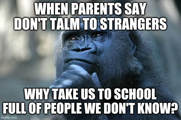WHYYYY | WHEN PARENTS SAY DON'T TALM TO STRANGERS; WHY TAKE US TO SCHOOL FULL OF PEOPLE WE DON'T KNOW? | image tagged in deep thoughts | made w/ Imgflip meme maker