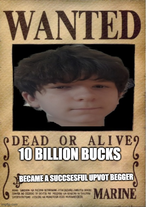 who is the bounty hunter around here | 10 BILLION BUCKS; BECAME A SUCCSESFUL UPVOT BEGGER | image tagged in one piece wanted poster template | made w/ Imgflip meme maker