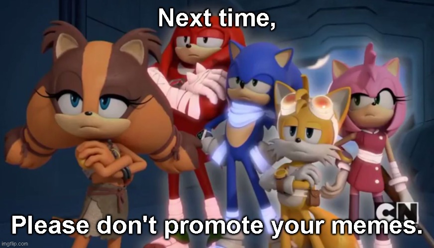Team Sonic is not Impressed - Sonic Boom | Next time, Please don't promote your memes. | image tagged in team sonic is not impressed - sonic boom | made w/ Imgflip meme maker