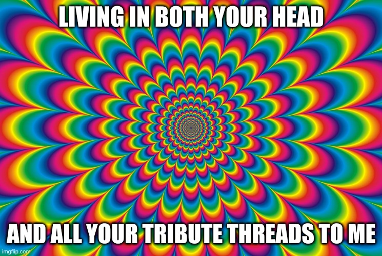Psychedelic | LIVING IN BOTH YOUR HEAD; AND ALL YOUR TRIBUTE THREADS TO ME | image tagged in psychedelic | made w/ Imgflip meme maker