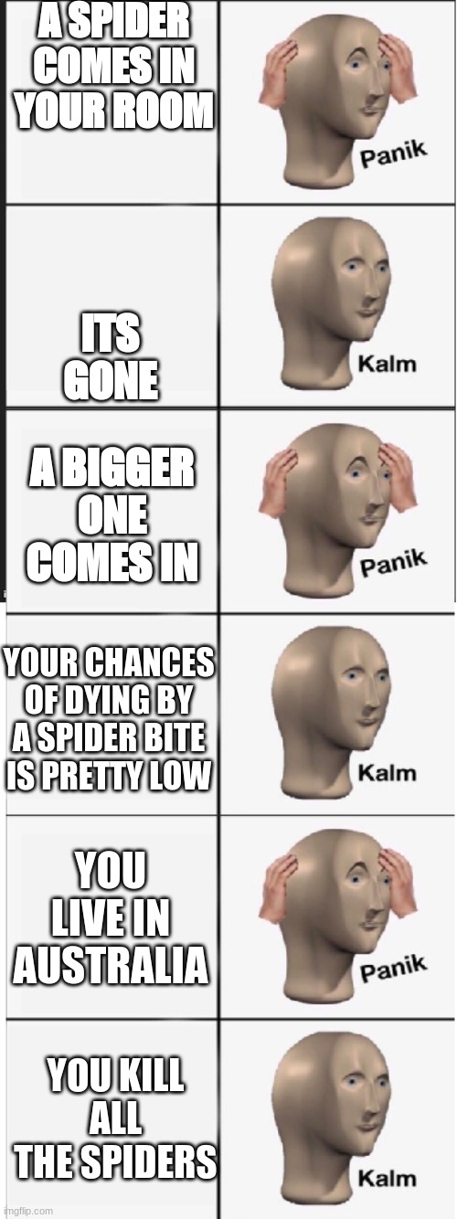 Panik Kalm Panik Kalm Panik Kalm | A SPIDER COMES IN YOUR ROOM; ITS GONE; A BIGGER ONE COMES IN; YOUR CHANCES OF DYING BY A SPIDER BITE IS PRETTY LOW; YOU LIVE IN AUSTRALIA; YOU KILL ALL THE SPIDERS | image tagged in panik kalm panik kalm panik kalm | made w/ Imgflip meme maker