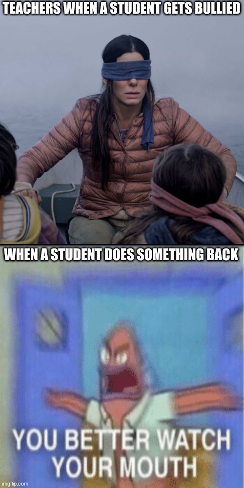 Bird Box | TEACHERS WHEN A STUDENT GETS BULLIED; WHEN A STUDENT DOES SOMETHING BACK | image tagged in memes,bird box | made w/ Imgflip meme maker