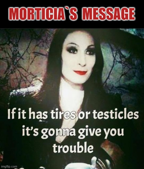 Morticia`s Message | MORTICIA`S  MESSAGE | image tagged in tires | made w/ Imgflip meme maker