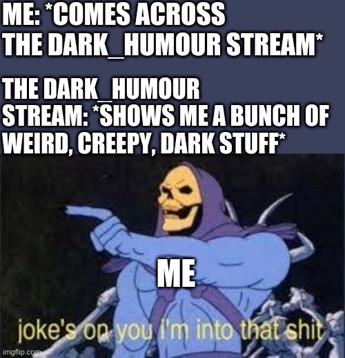 jokes on u | ME: *COMES ACROSS THE DARK_HUMOUR STREAM*; THE DARK_HUMOUR STREAM: *SHOWS ME A BUNCH OF WEIRD, CREEPY, DARK STUFF*; ME | image tagged in jokes on you im into that shit | made w/ Imgflip meme maker