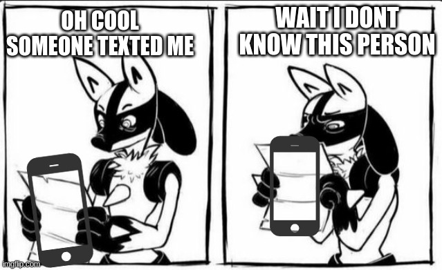 lol | OH COOL SOMEONE TEXTED ME; WAIT I DONT KNOW THIS PERSON | image tagged in confused lucario | made w/ Imgflip meme maker
