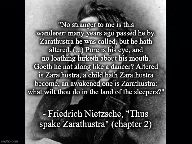 What wilt thou do in the land of the spleepers? | "No stranger to me is this wanderer: many years ago passed he by. Zarathustra he was called, but he hath altered. (...) Pure is his eye, and no loathing lurketh about his mouth. Goeth he not along like a dancer? Altered is Zarathustra, a child hath Zarathustra become, an awakened one is Zarathustra: what wilt thou do in the land of the sleepers?"; - Friedrich Nietzsche, "Thus spake Zarathustra" (chapter 2) | image tagged in literature | made w/ Imgflip meme maker