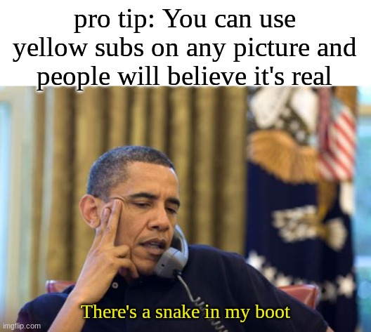 I found this out a while ago but didn't post it because I forgot lol |  pro tip: You can use yellow subs on any picture and people will believe it's real; There's a snake in my boot | image tagged in memes,no i can't obama,yellow,hehehe | made w/ Imgflip meme maker