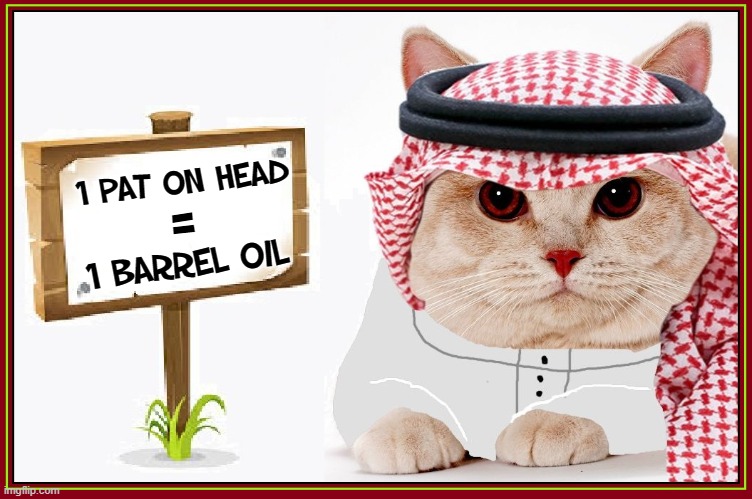 The Arab Cat Prince has Spoken | 1 Pat on Head; =; 1 barrel oil | image tagged in vince vance,petting,arab,cats,oil,memes | made w/ Imgflip meme maker