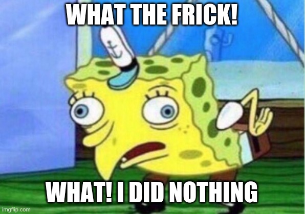 Mocking Spongebob Meme | WHAT THE FRICK! WHAT! I DID NOTHING | image tagged in memes,mocking spongebob | made w/ Imgflip meme maker