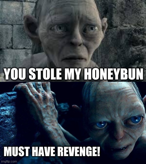 Smeagol Meme | YOU STOLE MY HONEYBUN; MUST HAVE REVENGE! | image tagged in lord of the rings,smeagol,honeybun | made w/ Imgflip meme maker