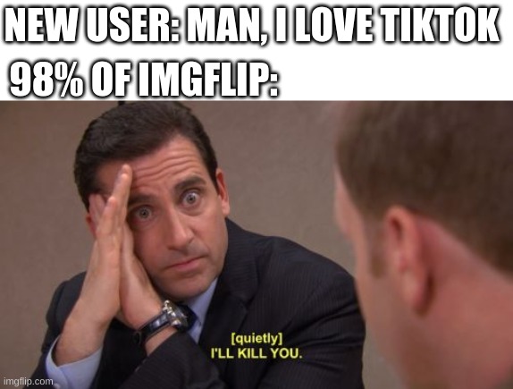 Happy not liking tiktok day (thats everyday by the way) |  NEW USER: MAN, I LOVE TIKTOK; 98% OF IMGFLIP: | image tagged in i'll kill you | made w/ Imgflip meme maker