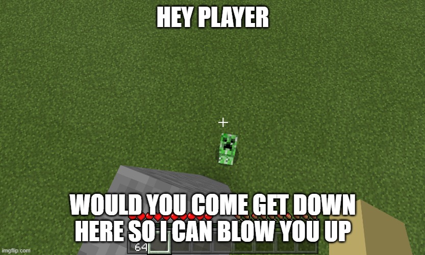 Creeper meme | HEY PLAYER; WOULD YOU COME GET DOWN HERE SO I CAN BLOW YOU UP | image tagged in creeper meme,creeper,mincecraft | made w/ Imgflip meme maker