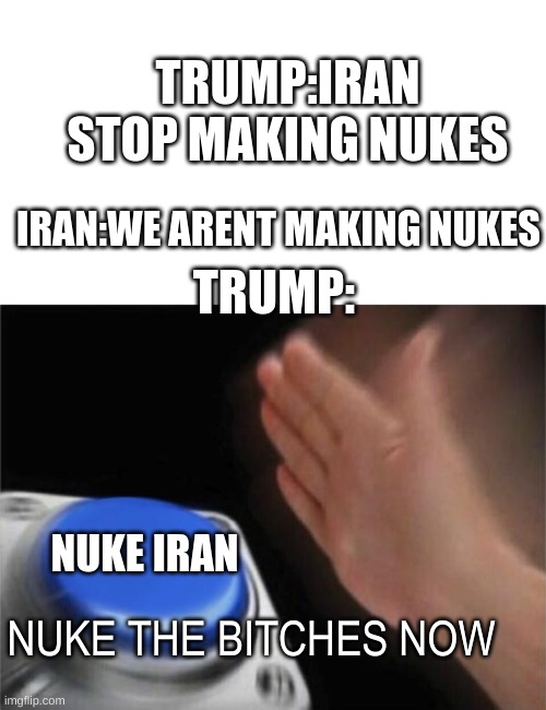 Blank Nut Button | TRUMP:IRAN STOP MAKING NUKES; IRAN:WE ARENT MAKING NUKES; TRUMP:; NUKE IRAN; NUKE THE BITCHES NOW | image tagged in memes,blank nut button | made w/ Imgflip meme maker