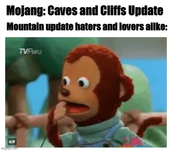 i was shook as well | Mojang: Caves and Cliffs Update; Mountain update haters and lovers alike: | image tagged in shocked monkey puppet | made w/ Imgflip meme maker