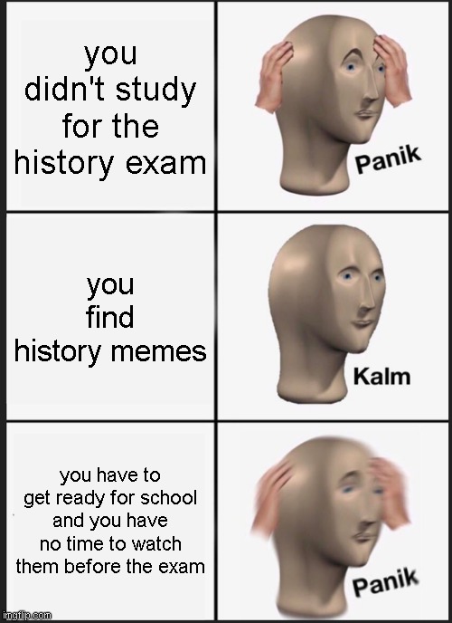 not studying for the history exam | you didn't study for the history exam; you find history memes; you have to get ready for school and you have no time to watch them before the exam | image tagged in memes,panik kalm panik | made w/ Imgflip meme maker