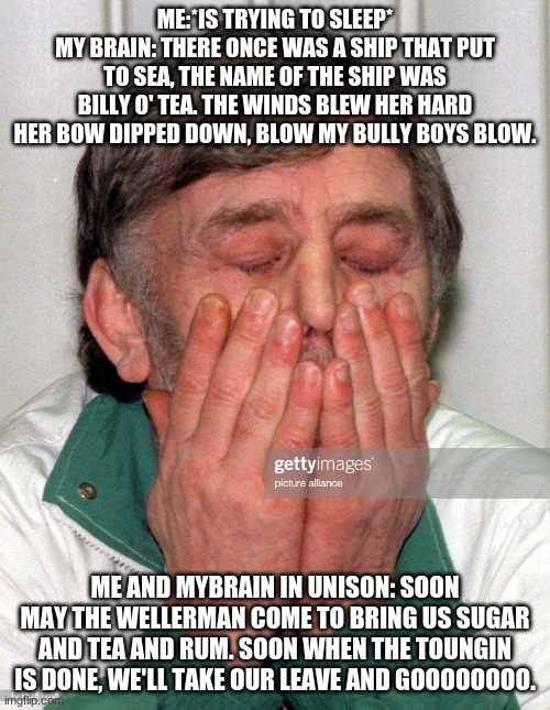 this happend irl last night | ME:*IS TRYING TO SLEEP*
MY BRAIN: THERE ONCE WAS A SHIP THAT PUT TO SEA, THE NAME OF THE SHIP WAS BILLY O' TEA. THE WINDS BLEW HER HARD HER BOW DIPPED DOWN, BLOW MY BULLY BOYS BLOW. ME AND MYBRAIN IN UNISON: SOON MAY THE WELLERMAN COME TO BRING US SUGAR AND TEA AND RUM. SOON WHEN THE TOUNGIN IS DONE, WE'LL TAKE OUR LEAVE AND GOOOOOOOO. | image tagged in pleased jorgic | made w/ Imgflip meme maker