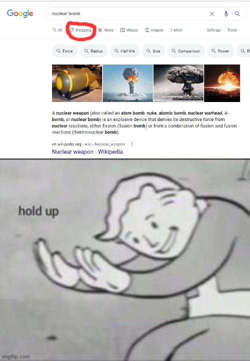 I shop for nuclear bombs | image tagged in fallout hold up,drageye,hold up,hol up | made w/ Imgflip meme maker